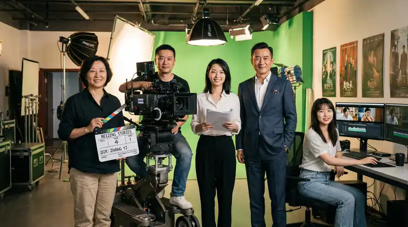 情深叉喔专业影视制作团队在现代化摄影棚中合影，展示导演、摄影师、编剧、制片人和剪辑师
