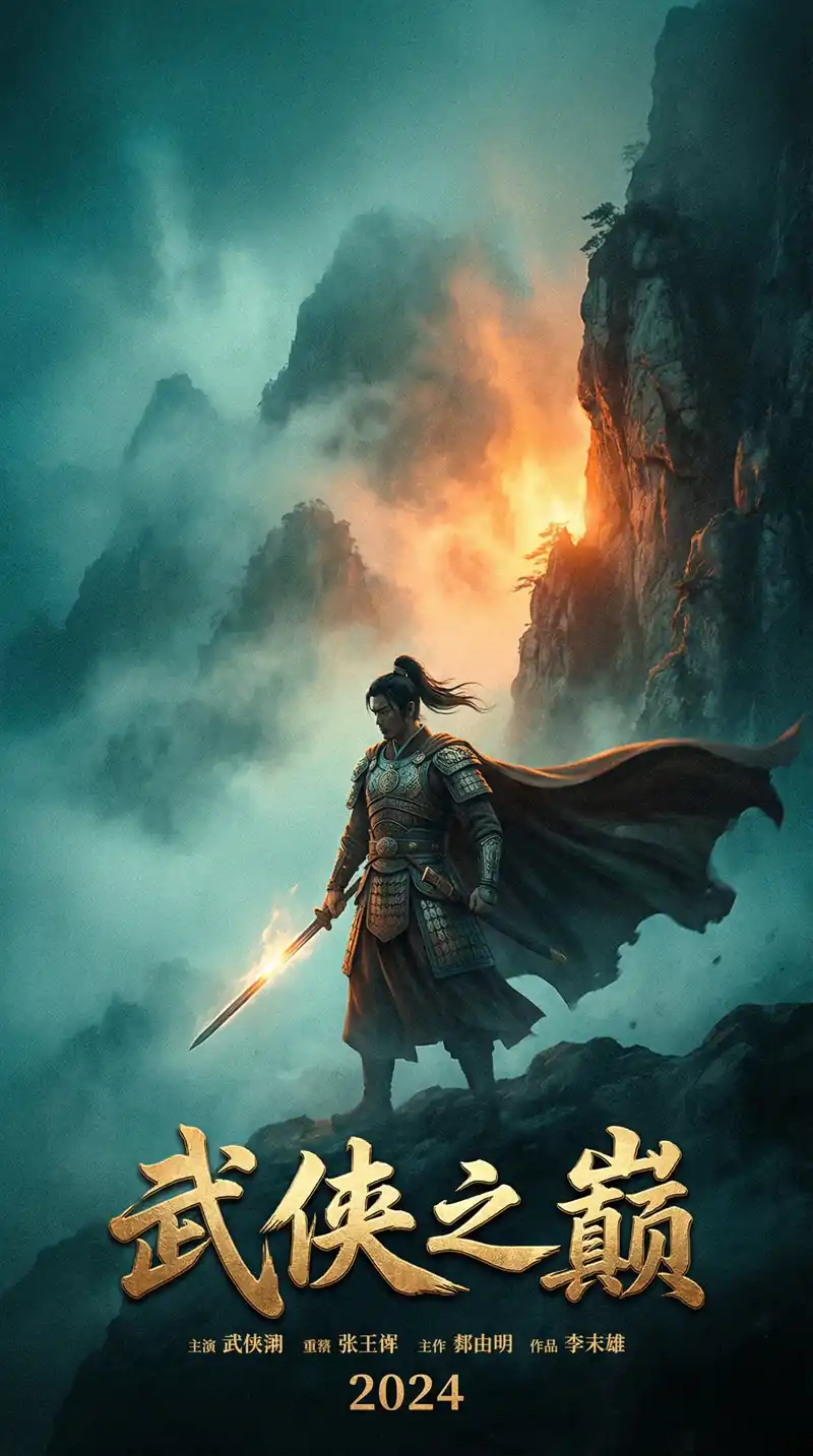 武侠之巅电影海报，古装武侠战士持剑立于云雾缭绕的山巅