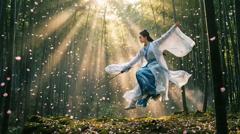 情深叉喔精彩影片预告片画面，竹林中女侠飞身舞剑